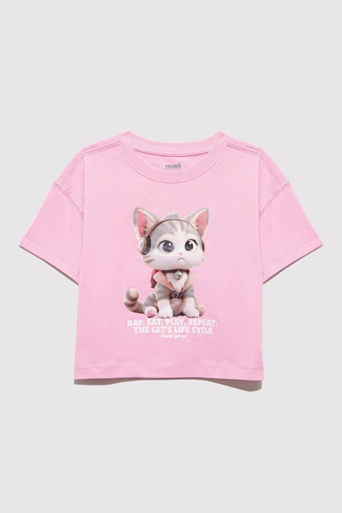 Kız Çocuk Kedi Baskılı Tişört 7610281-70973 Mor 