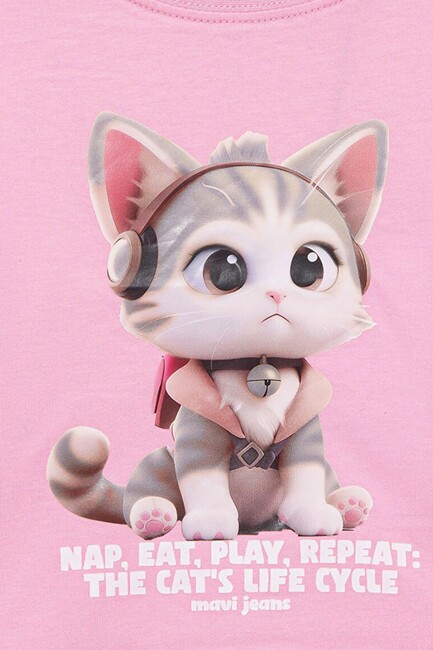 Kız Çocuk Kedi Baskılı Tişört 7610281-70973 Mor - Thumbnail