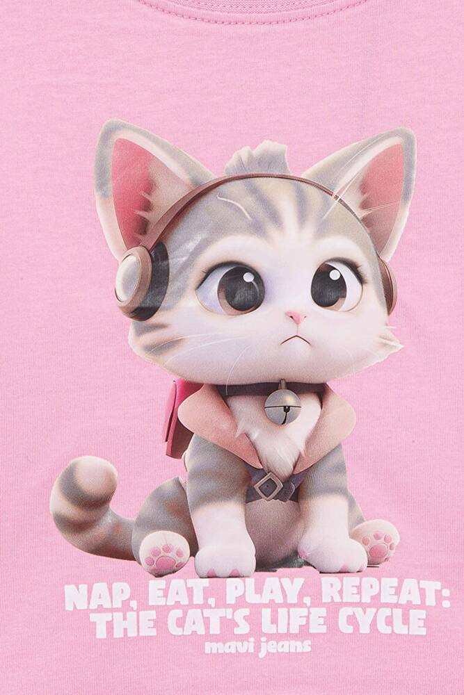 Kız Çocuk Kedi Baskılı Tişört 7610281-70973 Mor 