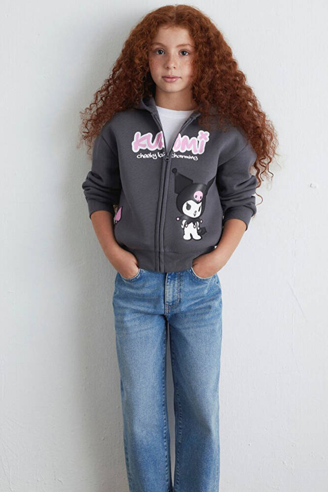 Kız Çocuk Kuromı Baskılı Fermuarlı Sweat 7S10167-85309 Gri 