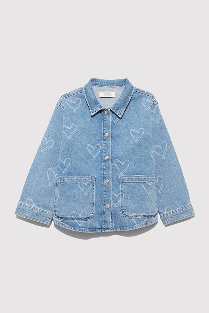 Kız Çocuk LULU Heart Baskılı Denim Gömlek 7210002-89486 Mavi 