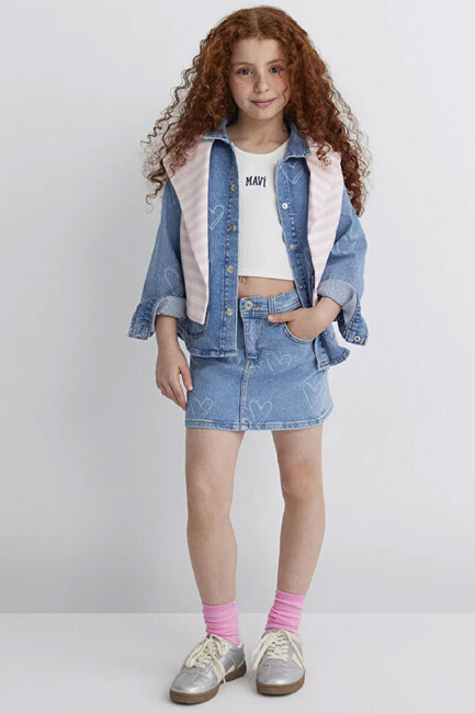 Kız Çocuk LULU Heart Baskılı Denim Gömlek 7210002-89486 Mavi (3)