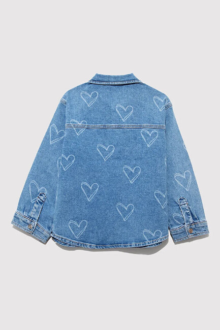 Kız Çocuk LULU Heart Baskılı Denim Gömlek 7210002-89486 Mavi - Thumbnail