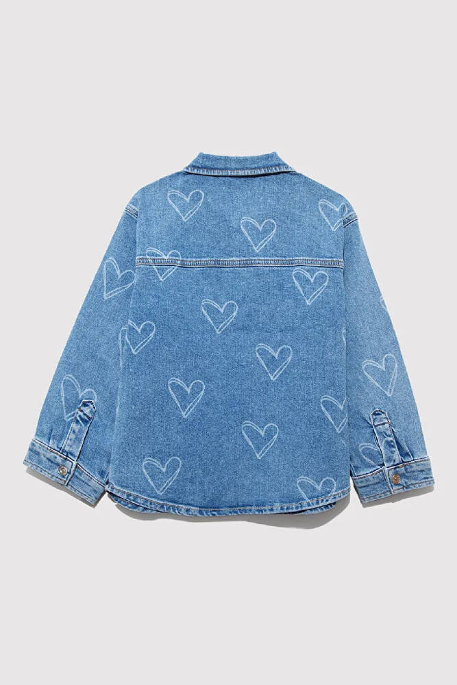 Kız Çocuk LULU Heart Baskılı Denim Gömlek 7210002-89486 Mavi 