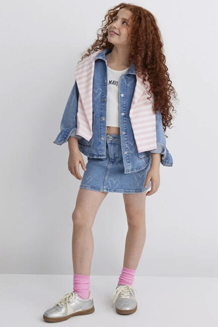 Kız Çocuk LULU Heart Baskılı Denim Gömlek 7210002-89486 Mavi