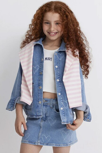 Kız Çocuk LULU Heart Baskılı Denim Gömlek 7210002-89486 Mavi (1)