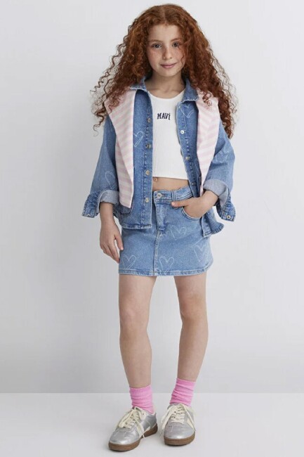 Kız Çocuk LULU Heart Baskılı Denim Gömlek 7210002-89486 Mavi (2)