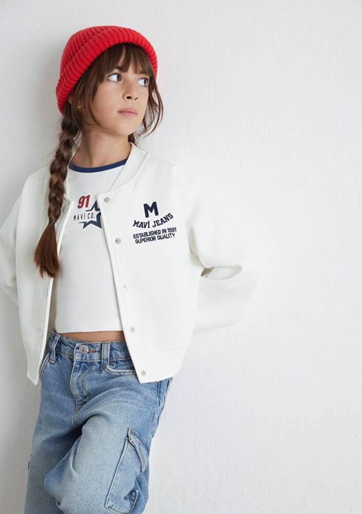 Kız Çocuk M Baskılı Bomber Ceket 7S10086-70057 Ekru 