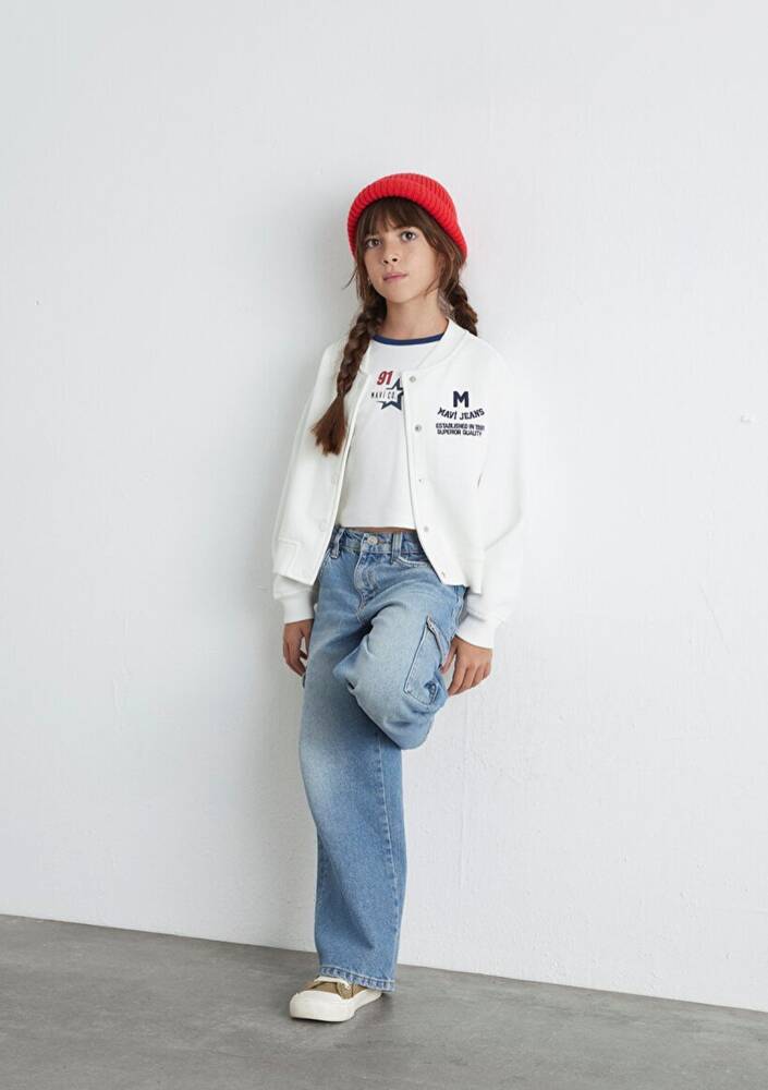 Kız Çocuk M Baskılı Bomber Ceket 7S10086-70057 Ekru 