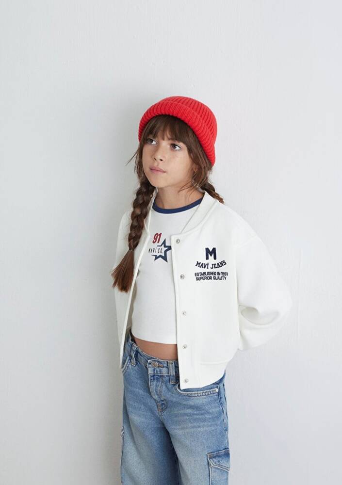 Kız Çocuk M Baskılı Bomber Ceket 7S10086-70057 Ekru 