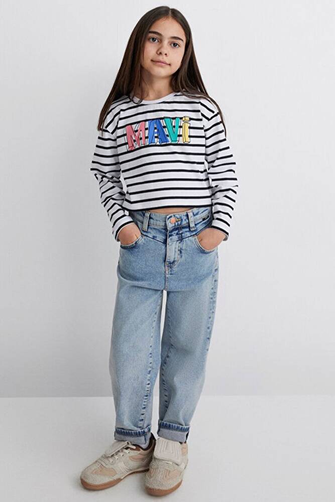 Kız Çocuk Mavi Baskılı Çizgili Tişört 7610270-82374 Siyah 