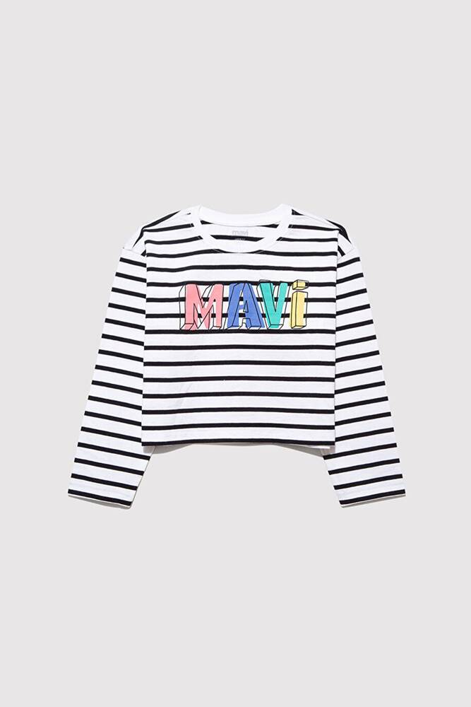 Kız Çocuk Mavi Baskılı Çizgili Tişört 7610270-82374 Siyah 