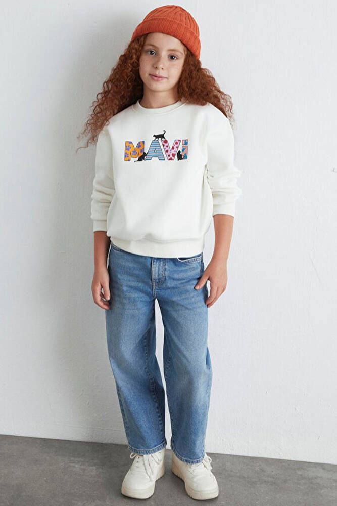 Kız Çocuk Mavi Baskılı Sweat 7S10169-70057 Beyaz 