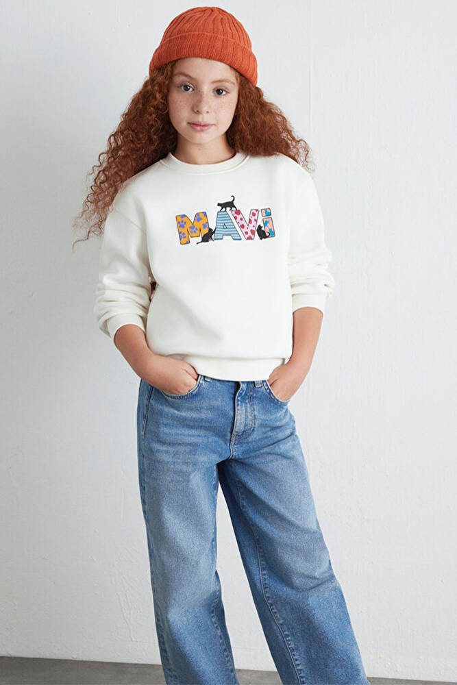 Kız Çocuk Mavi Baskılı Sweat 7S10169-70057 Beyaz 