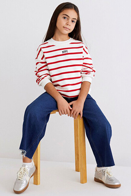 Kız Çocuk Mavi Logo Baskılı Çizgili Sweat 7S10038-82054 Kırmızı (1)