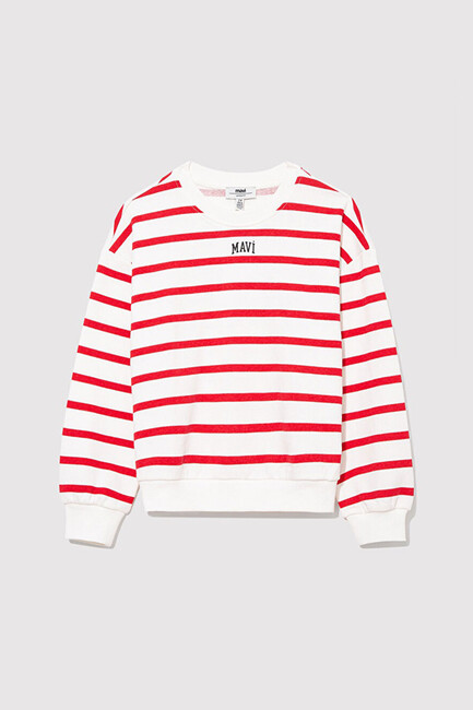 Kız Çocuk Mavi Logo Baskılı Çizgili Sweat 7S10038-82054 Kırmızı (2)