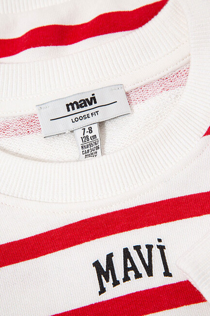 Kız Çocuk Mavi Logo Baskılı Çizgili Sweat 7S10038-82054 Kırmızı - Thumbnail