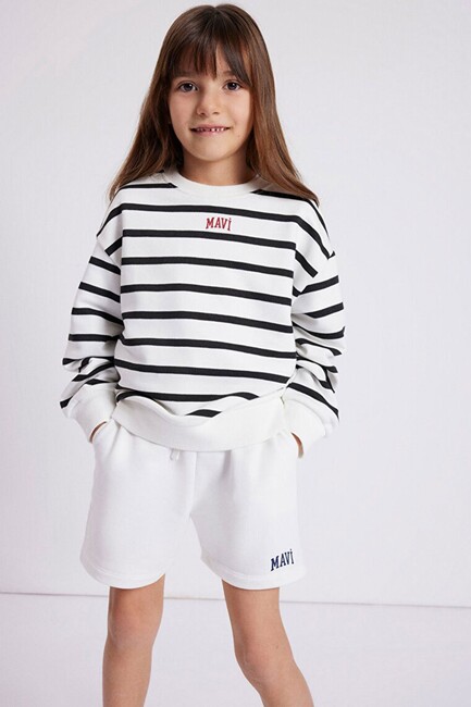 Kız Çocuk Mavi Logo Baskılı Çizgili Sweat 7S10038-900 Siyah (1)