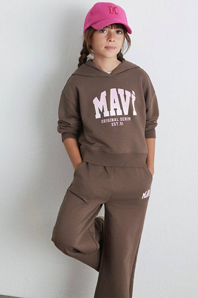 Kız Çocuk Mavi Logo Baskılı Kapüşonlu Sweat 7S10124-87181 Kahve 