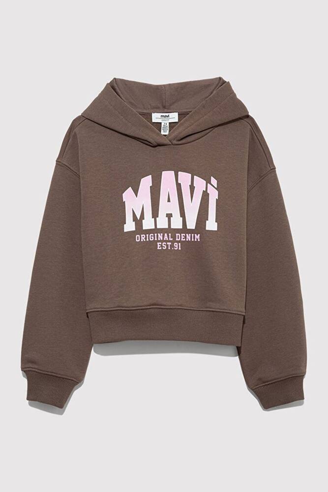 Kız Çocuk Mavi Logo Baskılı Kapüşonlu Sweat 7S10124-87181 Kahve 