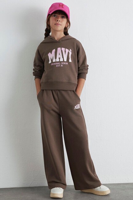 Kız Çocuk Mavi Logo Baskılı Kapüşonlu Sweat 7S10124-87181 Kahve (1)