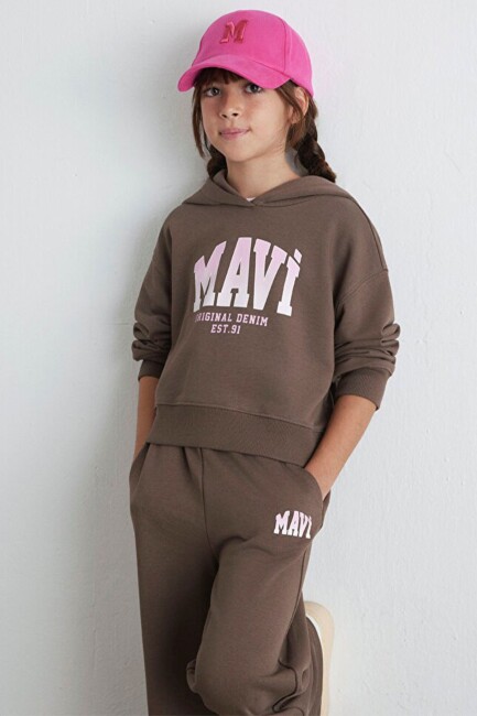 Kız Çocuk Mavi Logo Baskılı Kapüşonlu Sweat 7S10124-87181 Kahve (2)