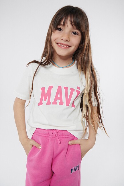 Kız Çocuk Mavi Logo Baskılı Tişört 7610109-70057 Ekru (1)