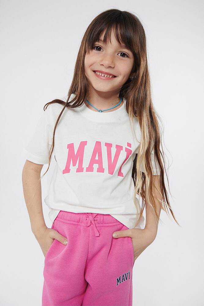 Kız Çocuk Mavi Logo Baskılı Tişört 7610109-70057 Ekru 