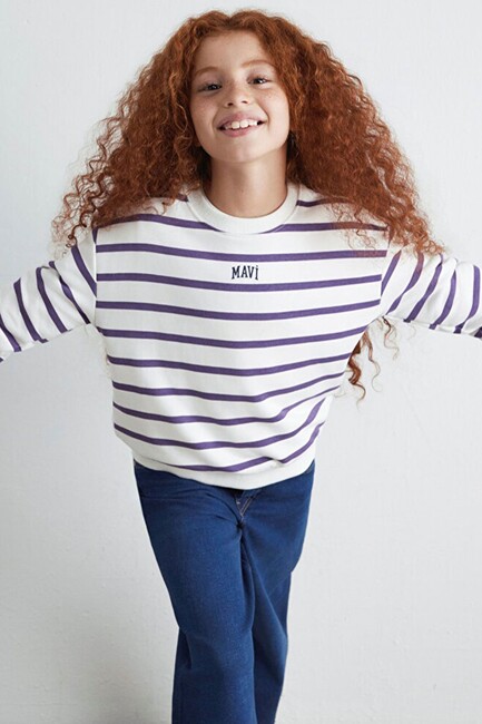 Kız Çocuk Mavi Logo Çizgili Sweat 7S10038-88138 Mor (1)