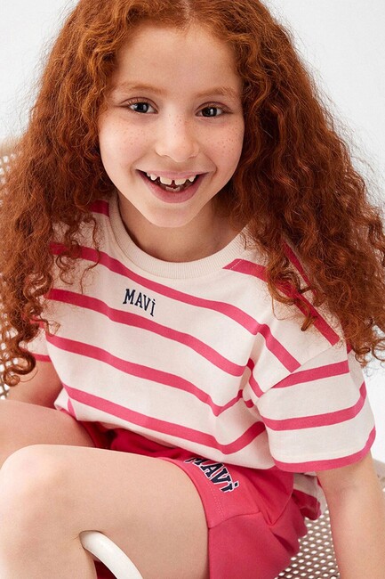 Kız Çocuk Mavi Logo Çizgili Tişört 7610182-71111 Pembe (1)