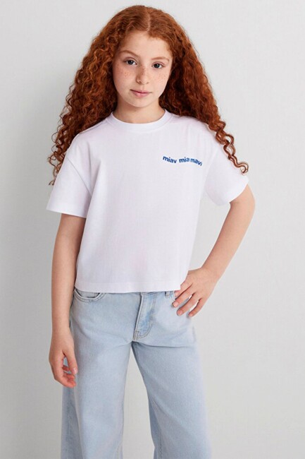 Kız Çocuk Miav Baskılı Crop Tişört 7610180-620 Beyaz  (1)