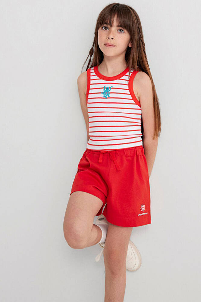 Kız Çocuk Nakış Detaylı Çizgili Crop 7610333-89719 Kırmızı 