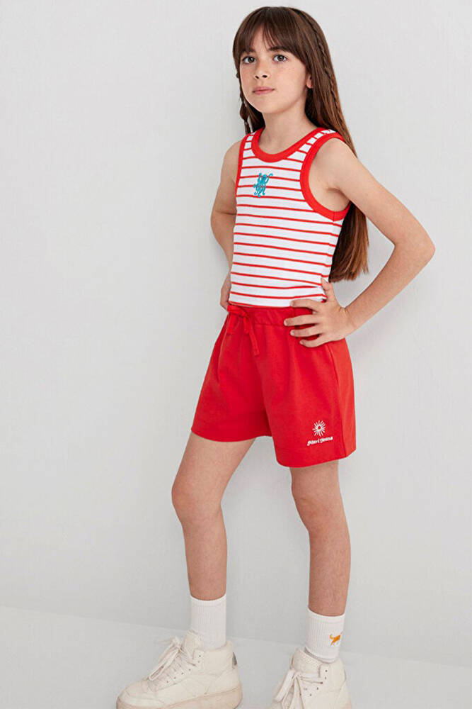 Kız Çocuk Nakış Detaylı Çizgili Crop 7610333-89719 Kırmızı 