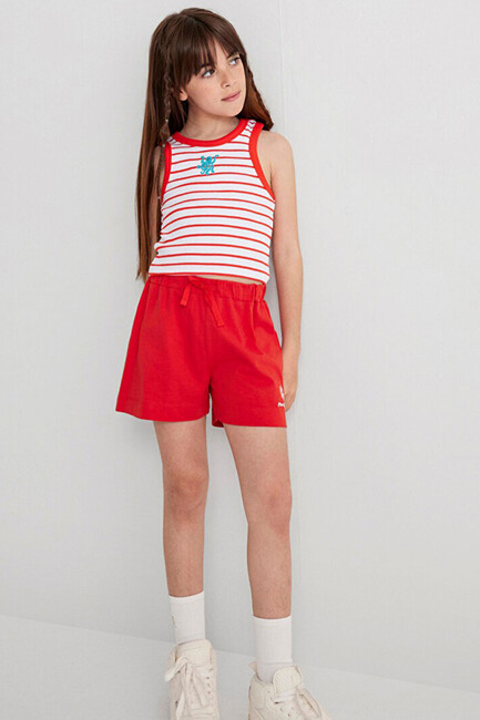 Kız Çocuk Nakış Detaylı Çizgili Crop 7610333-89719 Kırmızı (3)