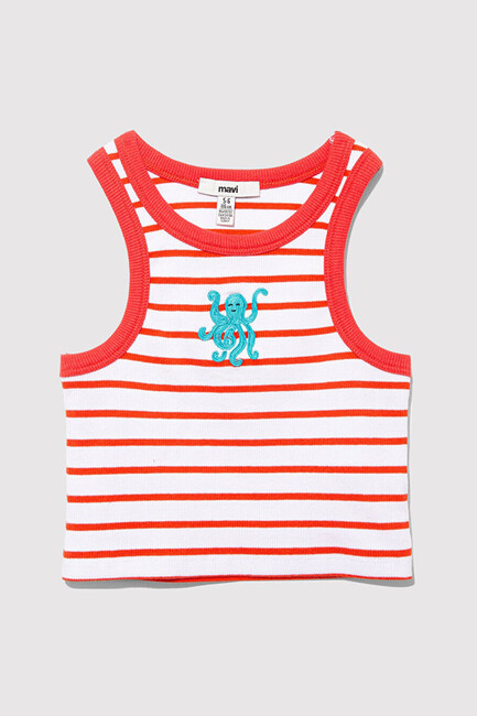 Kız Çocuk Nakış Detaylı Çizgili Crop 7610333-89719 Kırmızı - Thumbnail